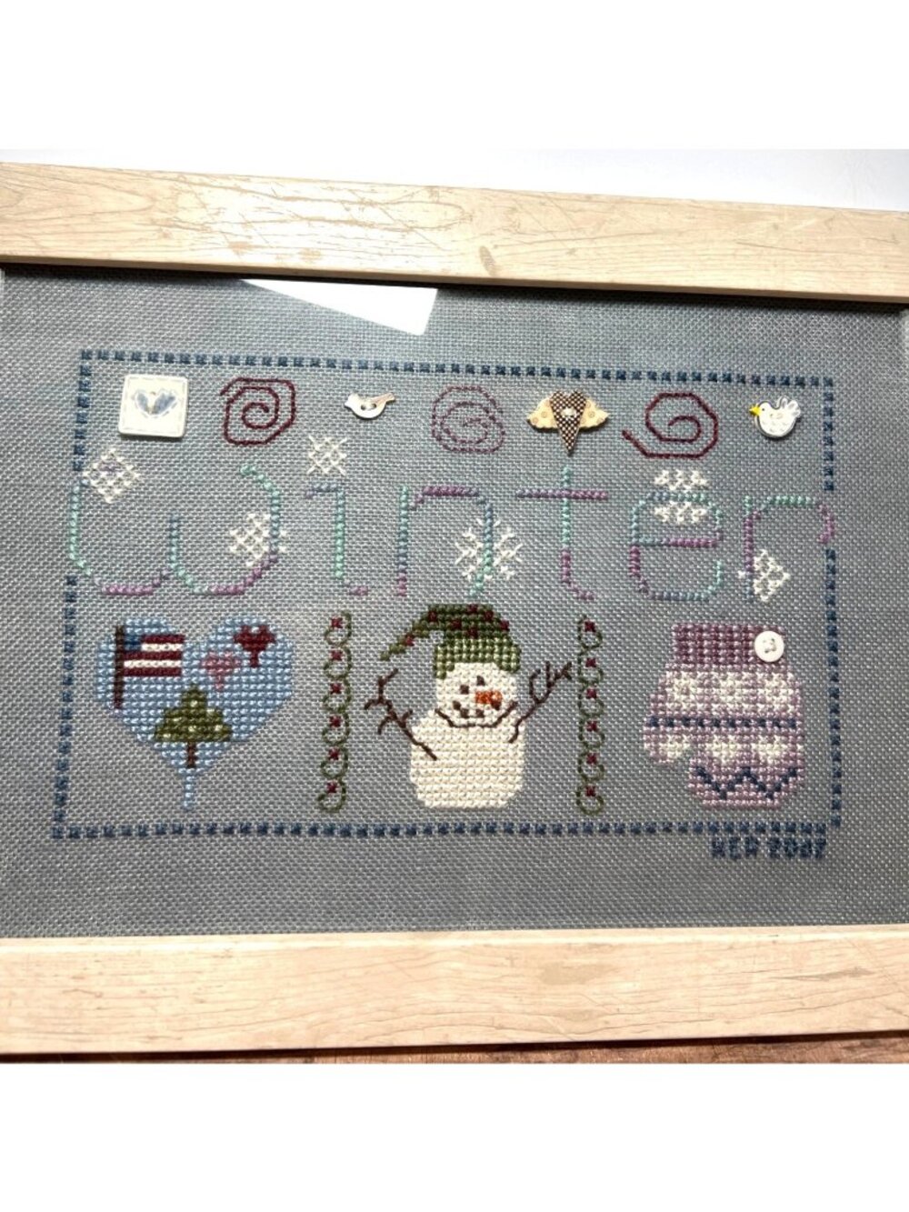 Framed Winter Cross-Stitch Art With Snowman Mittens & Decorative Buttons